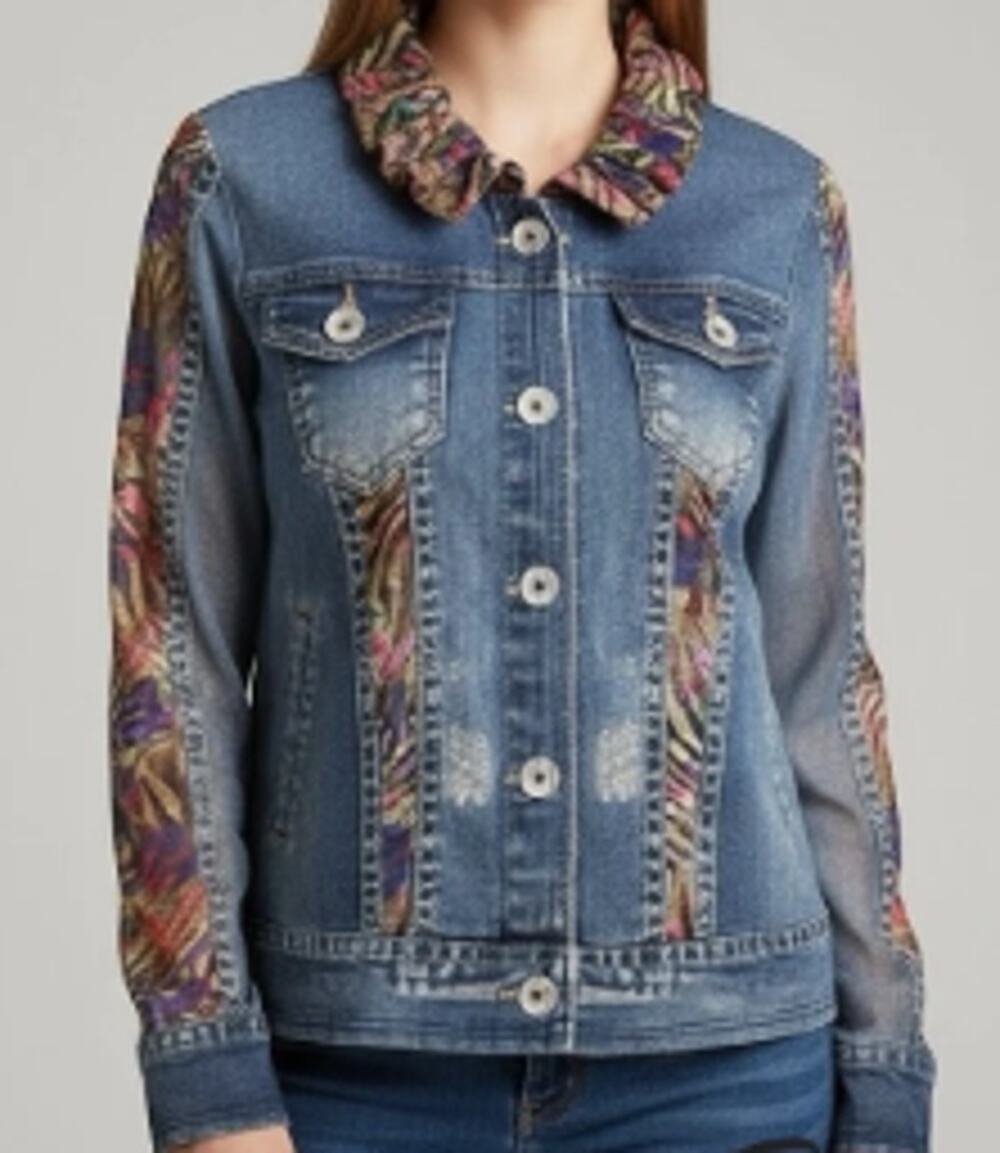 Damee Inc. Sheer Mock Denim Jacket Style Blouse sz M NEW